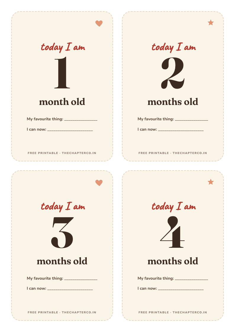 Preview of the free printable baby milestone cards for months one to four.
