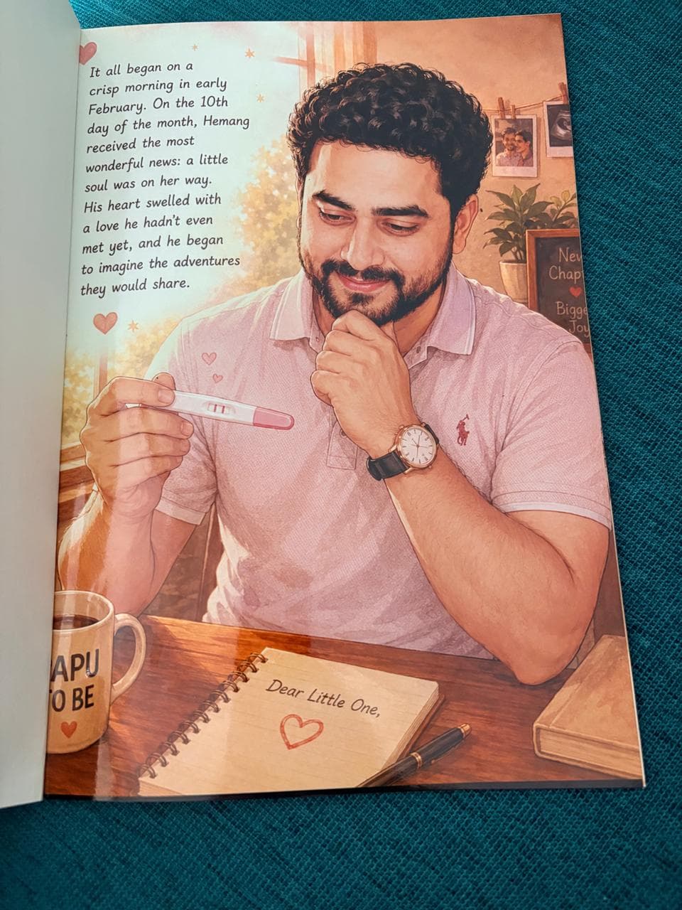 A book page where a father reads the news that his baby is on the way.