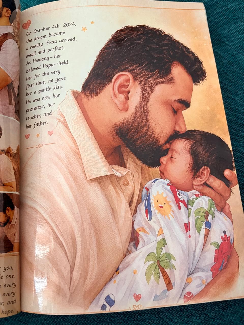 A father kissing his newborn daughter, from a custom book.
