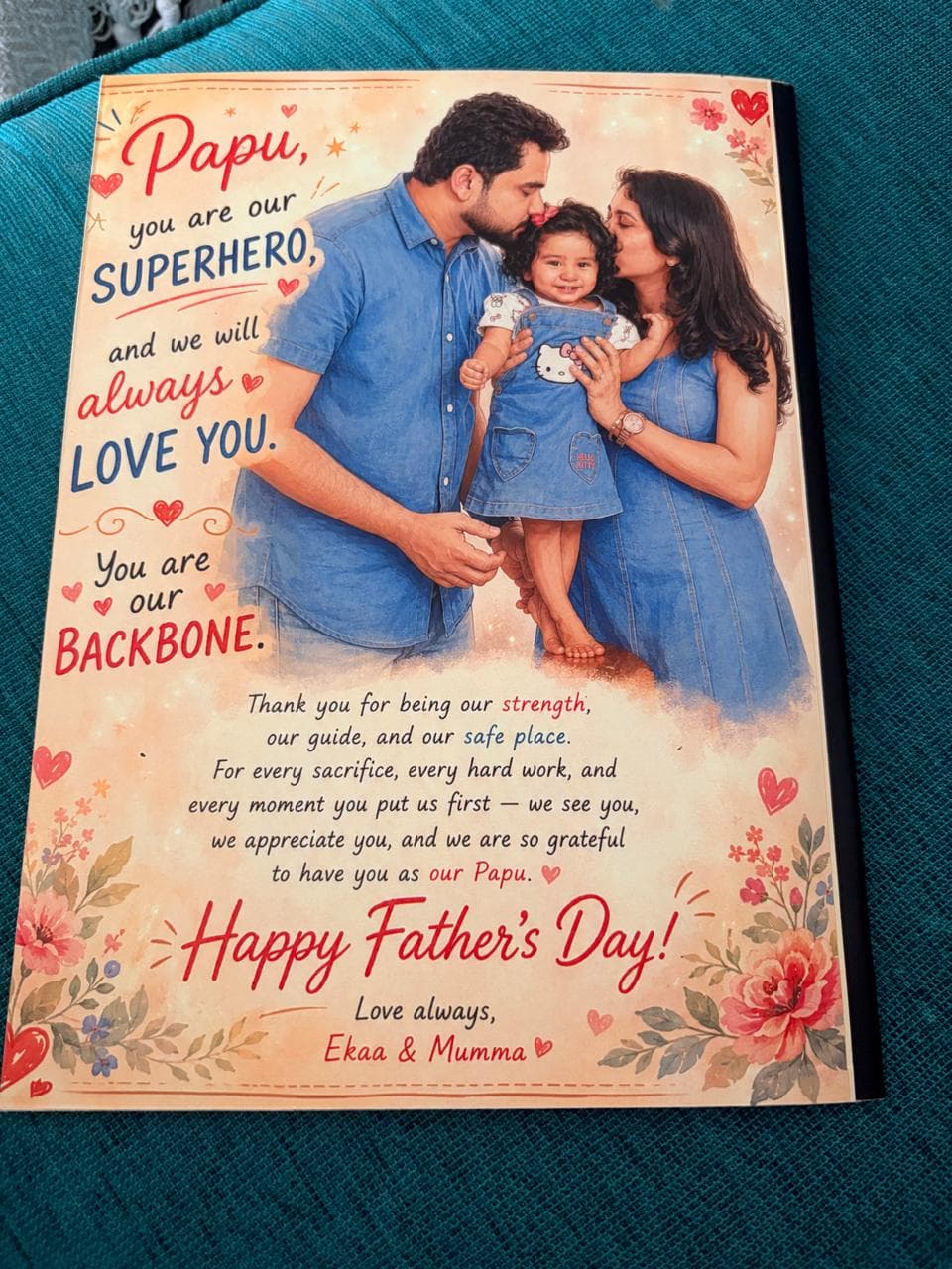 A Father's Day page: 'Papu, you are our superhero.'